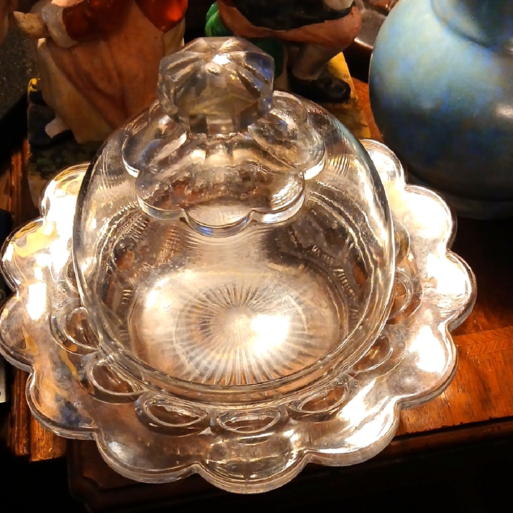 Elegant EAPG Clear Glass Caledonia Cannon Ball Butter Dish